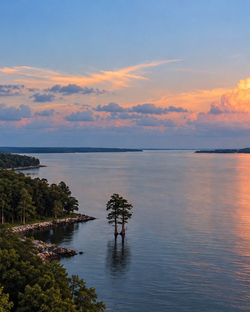 The confluence of the James and Chickahominy Rivers at sunset