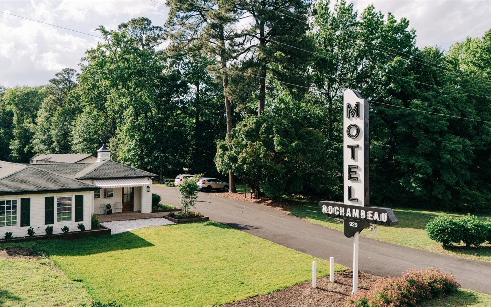 The restored Rochambeau motel sign and office