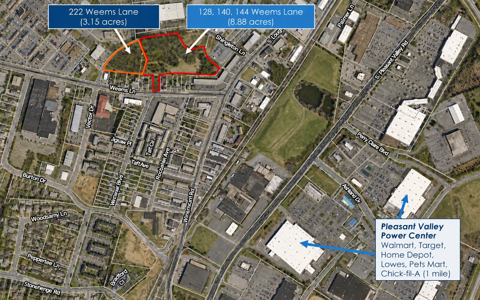 Aerial map of the Weems Lane parcels in Winchester and nearby shopping